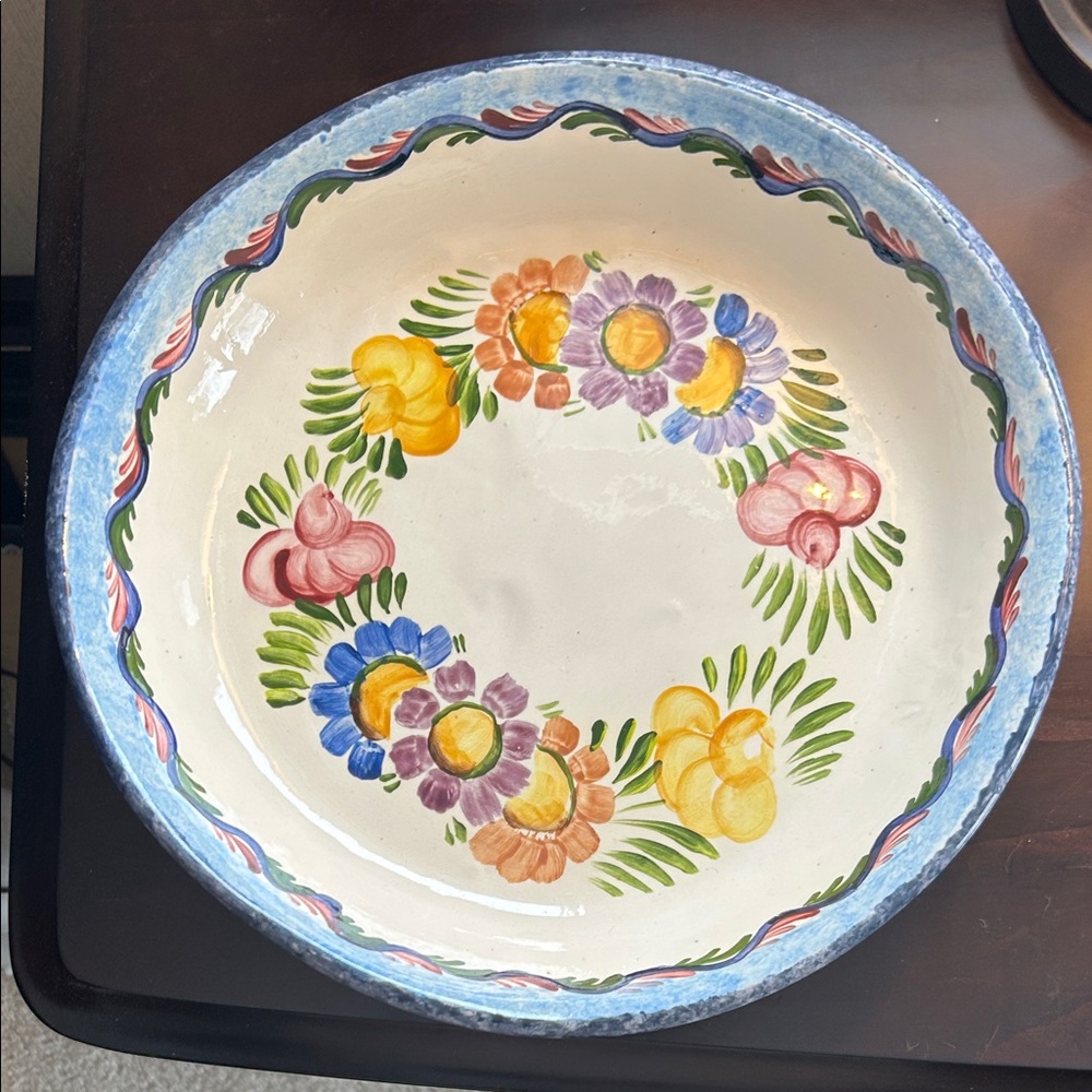 Large Floral Ceramic Bowl with Blue Rim
